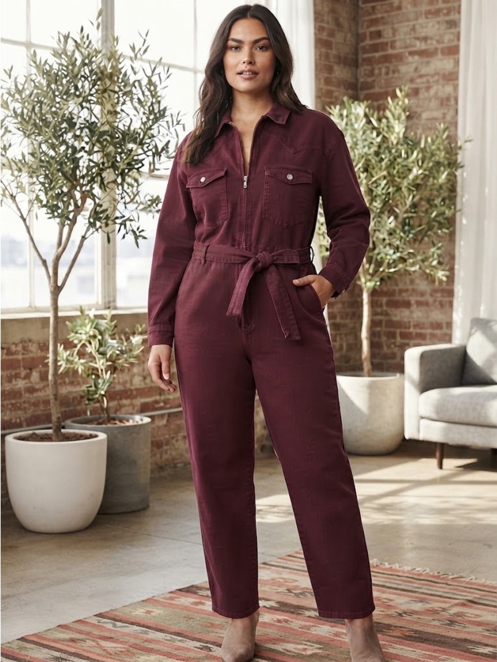 Future Collective Utility Zip front Jumpsuit in Deep Burgundy - size L NWT